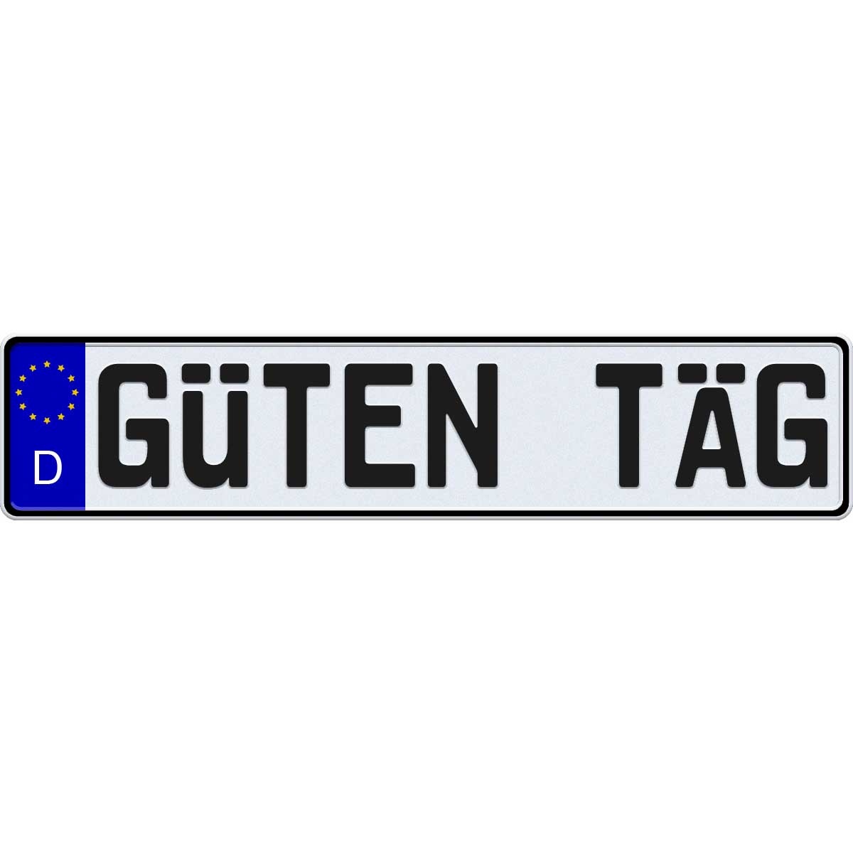 A German license plate with reflective white background and black text, including a decal on the left side indicating the country of origin.