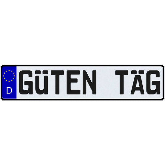 A German license plate with reflective white background and black text, including a decal on the left side indicating the country of origin.