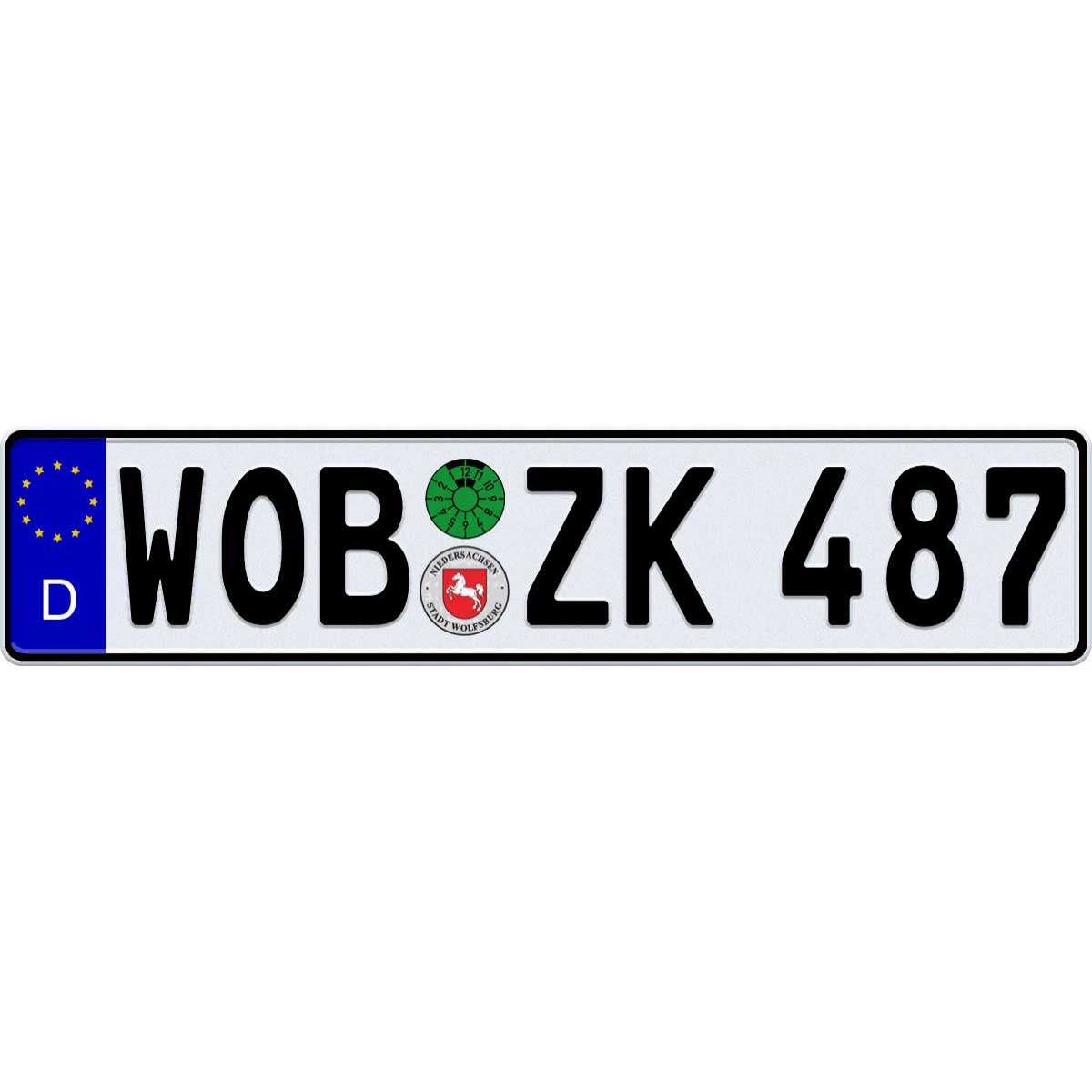 A replica German license plate for Wolfsburg with the code 'WOB ZK 487' displayed in black and white characters on a blue background with a European Union flag symbol in the corner.
