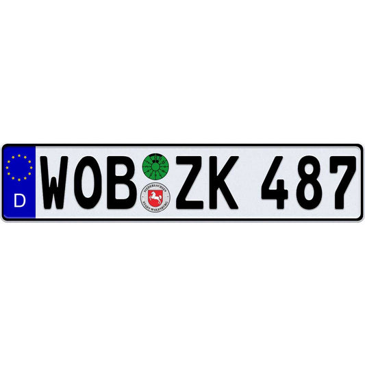 A replica German license plate for Wolfsburg with the code 'WOB ZK 487' displayed in black and white characters on a blue background with a European Union flag symbol in the corner.